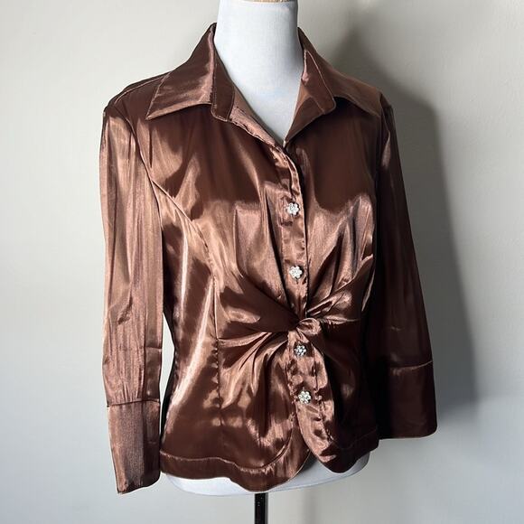 Cachet Brown Satin Rhinestone Button Vintage Blouse - Picture 2 of 7